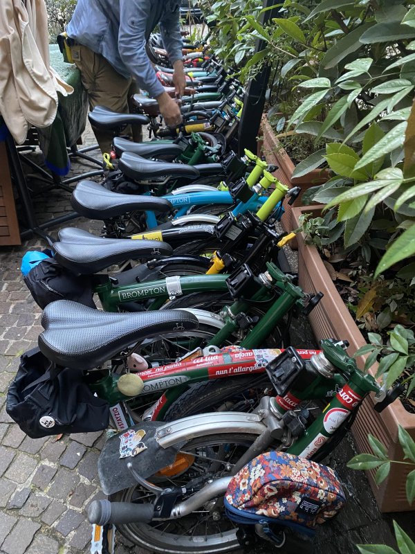 Many, many Bromptons, at our restaurant in Treviso. And there are some inside too. 