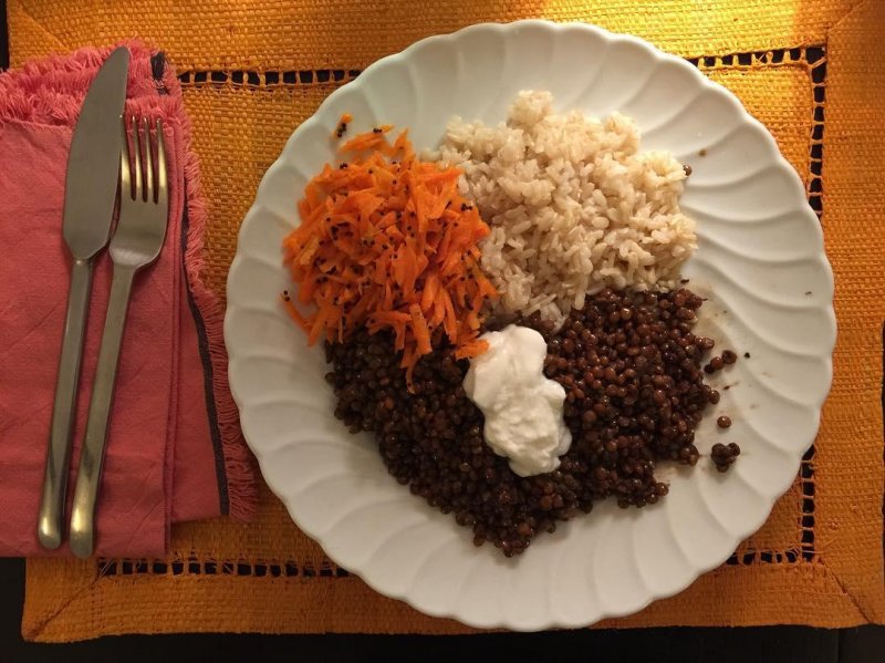Sunday night supper; Maddhur Jeffrey lentils and Gujarati carrot salad with wonderful Baldo brown rice.
