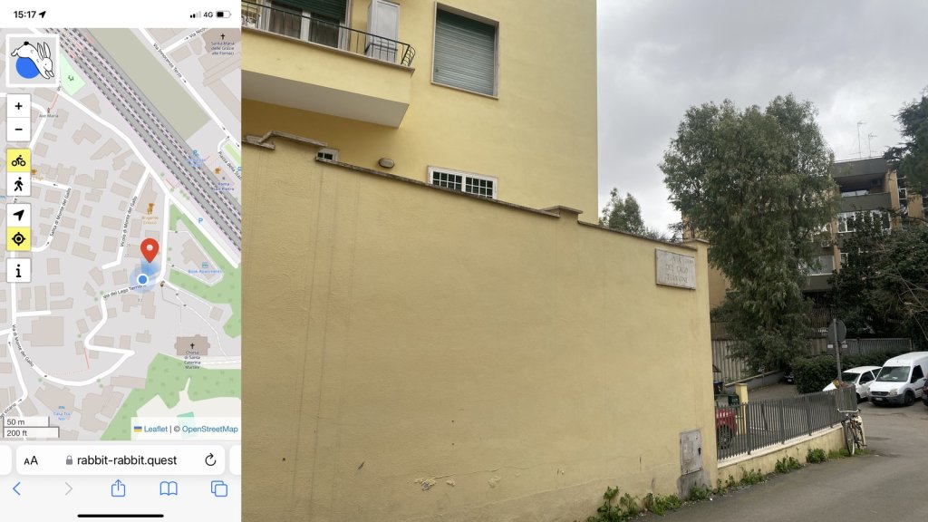 Composite image with my location on the left and on the right the rabbit quest: a view across the road to a high yellow wall shielding a yellow apartment block. In the distance to the left a bicycle is chained to railings and behind it, parked cars, eucalyptus trees and another apartment block