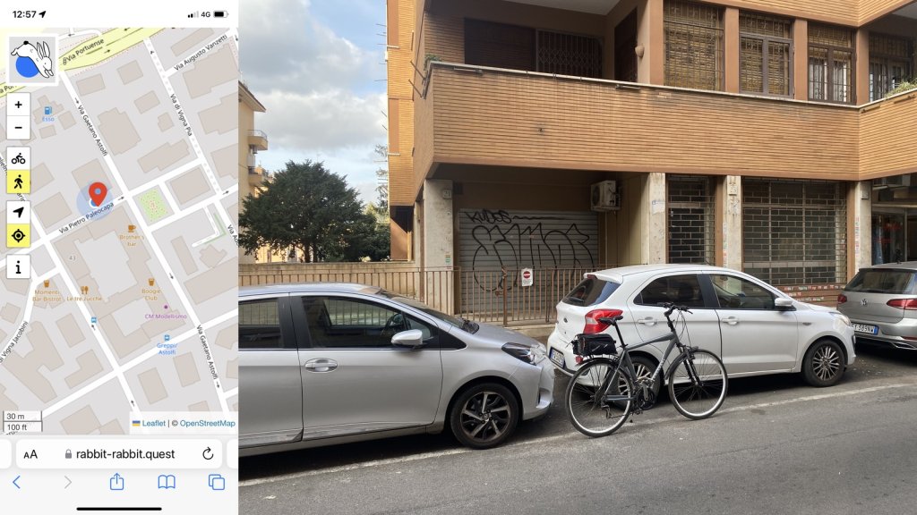 Composite image with my location on the left and on the right the rabbit quest: my bicycle in front of parked cars in front of an apartment building with barred and shuttered windows.