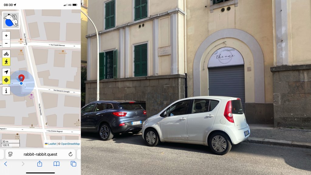 Composite image. On the left a map showing the location of the quest and my position. On the right, two cars, one white and one darker, parked in front of a shuttered shop entrance with a sign that reads 