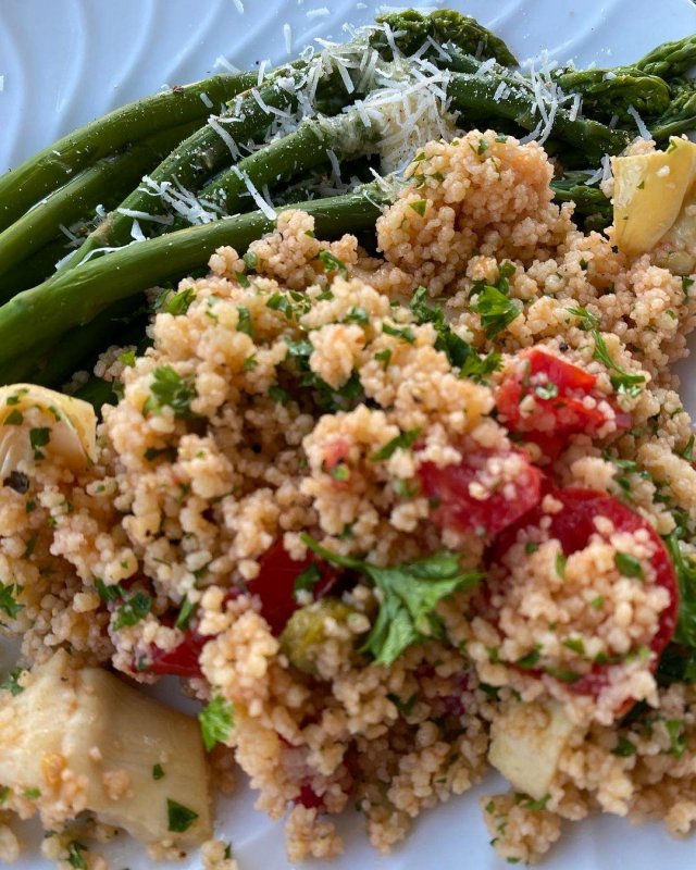 Couscous salad and asparagus, which alas are nearing the end of their season.