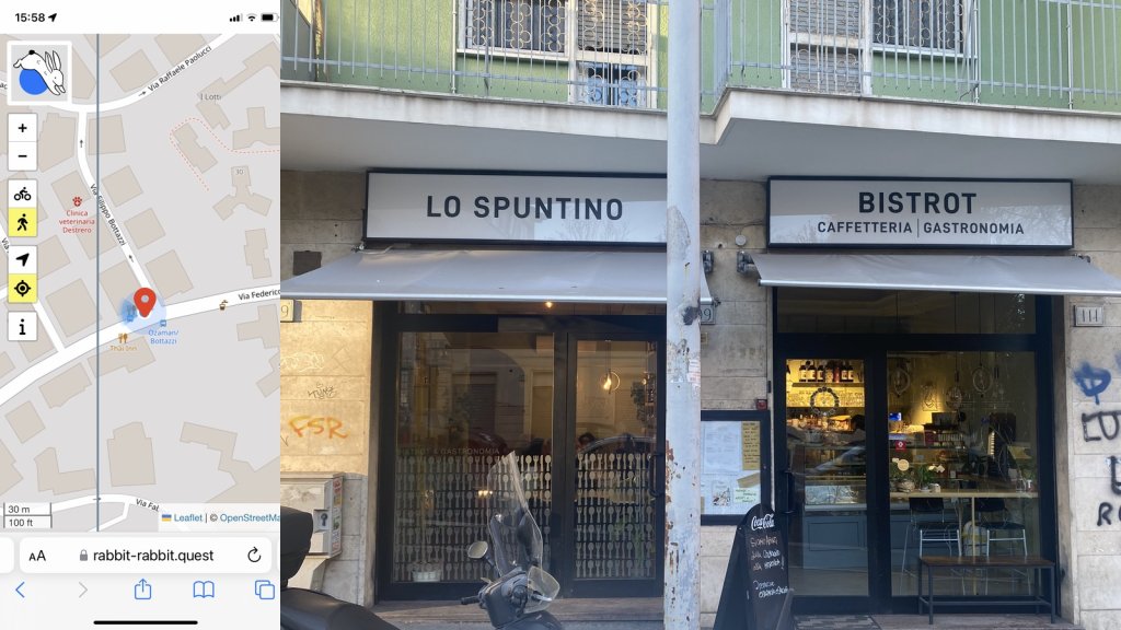 Composite image with my location on the left and the rabbit quest on the right; a Bistrot called Lo Spuntino