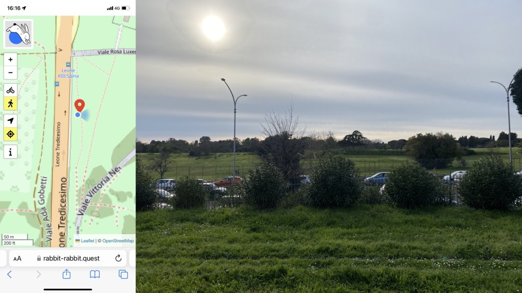 Composite view, with the rabbit quest on the left and a photo on the right: grass and some laurel bushes in the foreground partially obscuring lines of parked cars beyond the railings around the park. Across the road, more grass and a line of tall trees on the horizon.