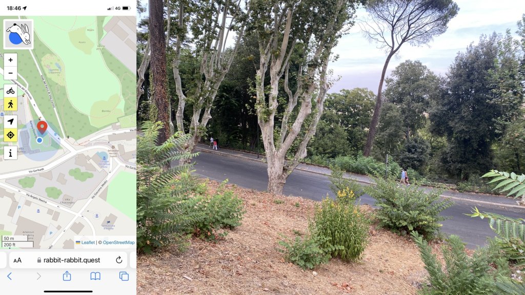 Composite image. On the left a map showing the location of the quest and my position. On the right a view down a leaf-covered slope to a road. lined with plane trees and umbrella pines. Two groups of people are walking beside the road. In the foreground are shrubs, including small Ailanthus bushes.