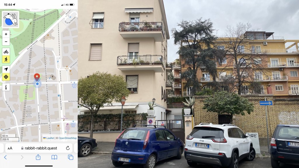 Composite image with my location on the left and on the right the rabbit quest: some cars parked in front of an apartment block, with a tall cypress behind a brick wall.