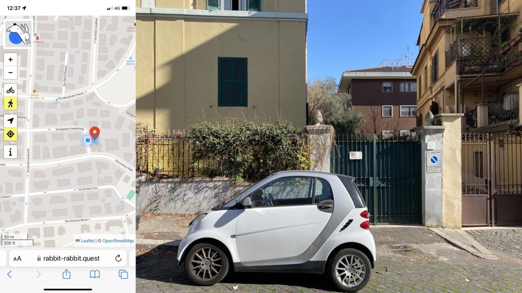 Composite image with my location on the left and on the right the rabbit quest: a white Smart car in front of a yellow apartment building and a green gate.