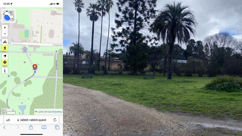 Composite image with my location on the left and on the right the rabbit quest: a derelict glasshouse just visible behind some palms and conifers. In front of a paling fence are two park benches and a swathe of grass with part of the gravel path in front of that.