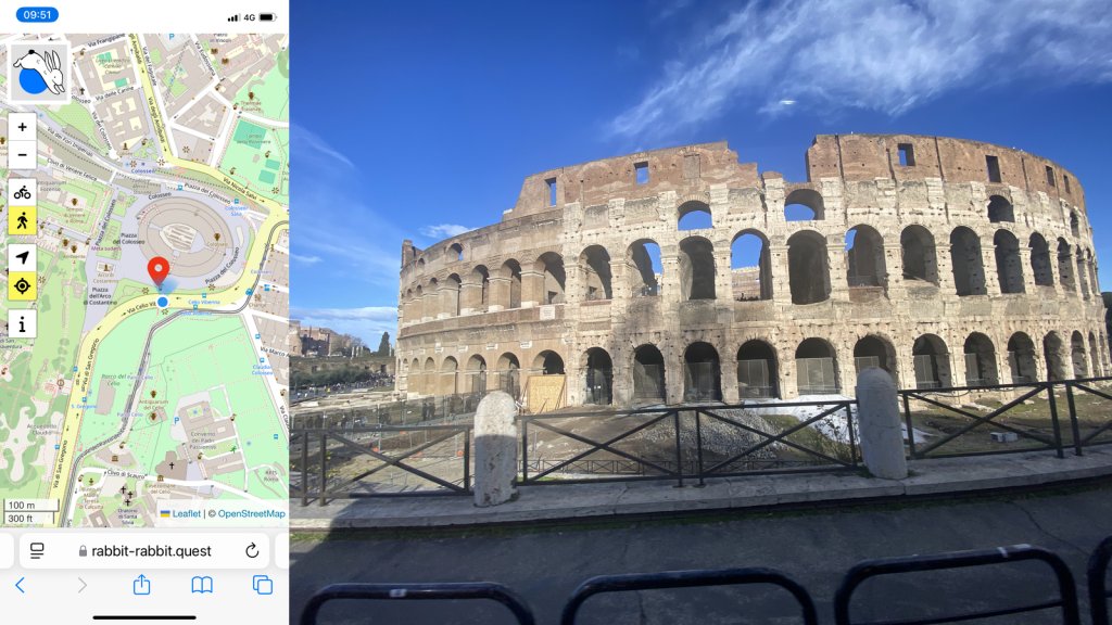 Composite image. On the left a map showing the location of the quest and my position. On the right, the Colosseum, an ancient Roman brick and stone structure with three tiers of arches and a top tier with rectangular window openings.