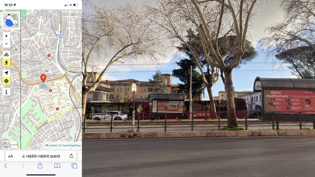 Composite image with my location on the left and on the right the rabbit quest: a view across a wide road to some Italianate buildings in the distance. In the middle distance are tram tracks and a stop and bare plane trees.