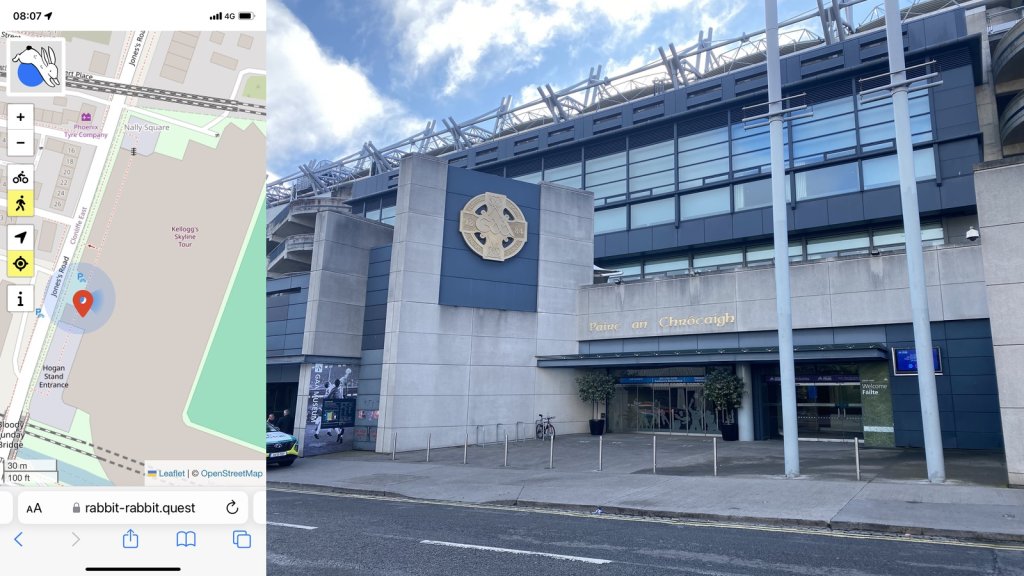 Composite image with details of the rabbit quest on the left and a view of the entrance to Croke Park stadium in Dublin on the right