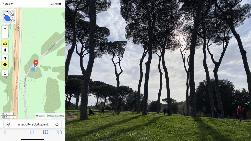 Composite view, with the rabbit quest on the left and a photo on the right; the photo shows grass in the foreground and the silhouettes of several umbrella pines, their shadows coming across the grass to the viewer. A few people are waking along a path and sitting on benches.