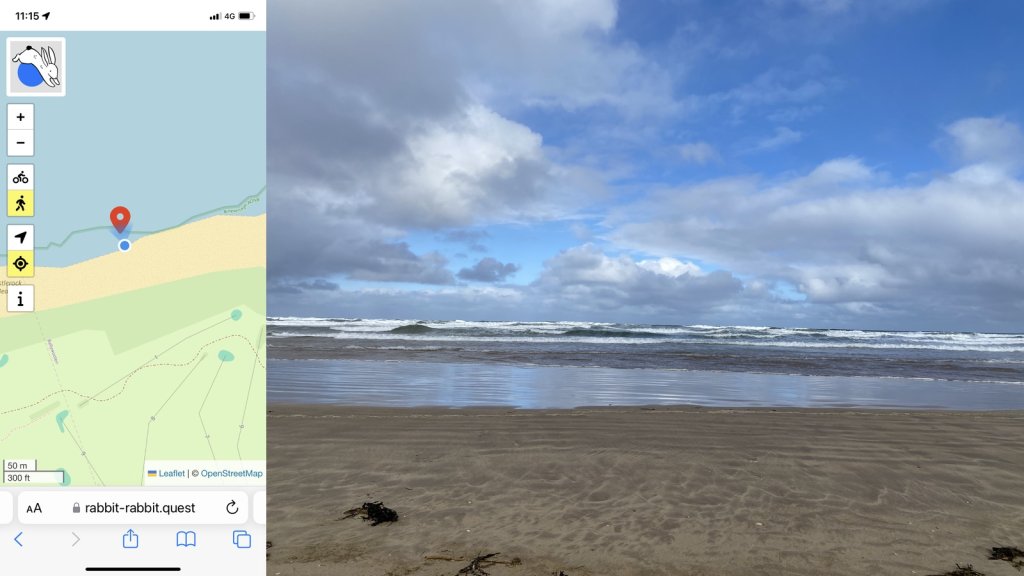 Composite image. Map of rabbit quest location on the left. Photo on the right. Looking out to sea from a flat, sandy beach with white waves coming in and a blue sky above with some pale clouds.