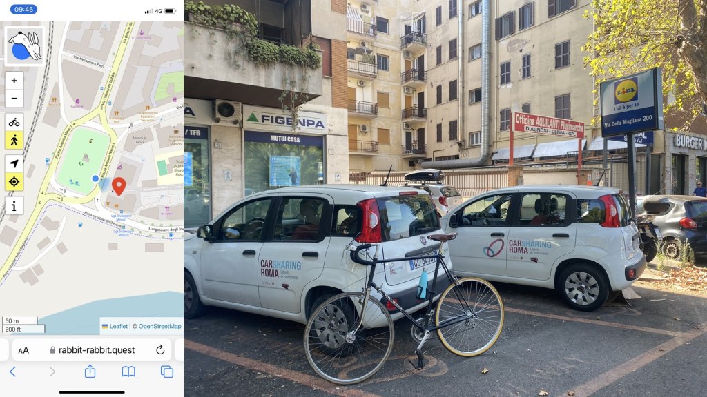 Composite image. On the left a map showing the location of the quest and my position. On the right a black Raleigh steel road bike leaned up against a white micro-rental car. The actual Rabbit is somewhere between the biccle and an apartment block in the background.