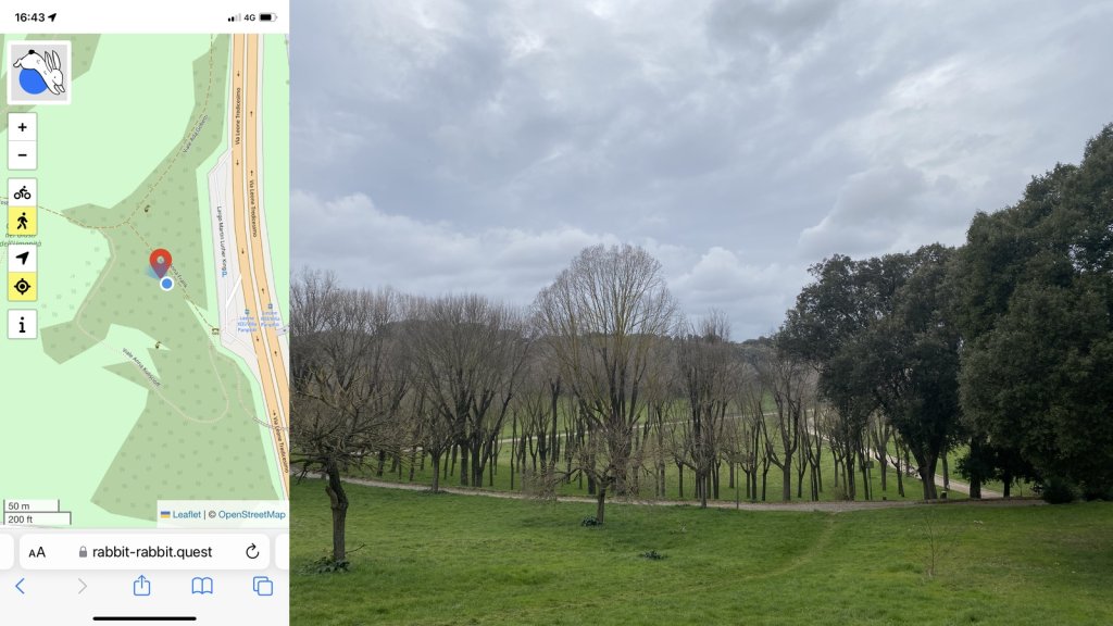 Composite image with my location on the left and on the right the rabbit quest: A view across open parkland with some bare trees in the middle distance and evergreens off to the right. The sky is overcast and grey.