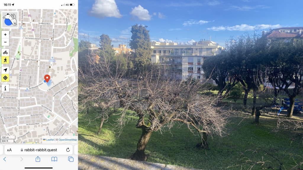 Composite image with my location on the left and on the right the rabbit quest: Looking over a wall at a garden with a bare apple tree in the foreground. Behind the garden are apartment blocks against a blue sky with a few clouds.