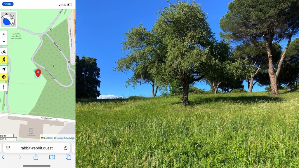 Composite image. On the left a map showing the location of the quest and my position. On the right, a view across some long grass in flower with a central tree that may be a Holm Oak and some umbrella pines on the right. The sky is very blue.